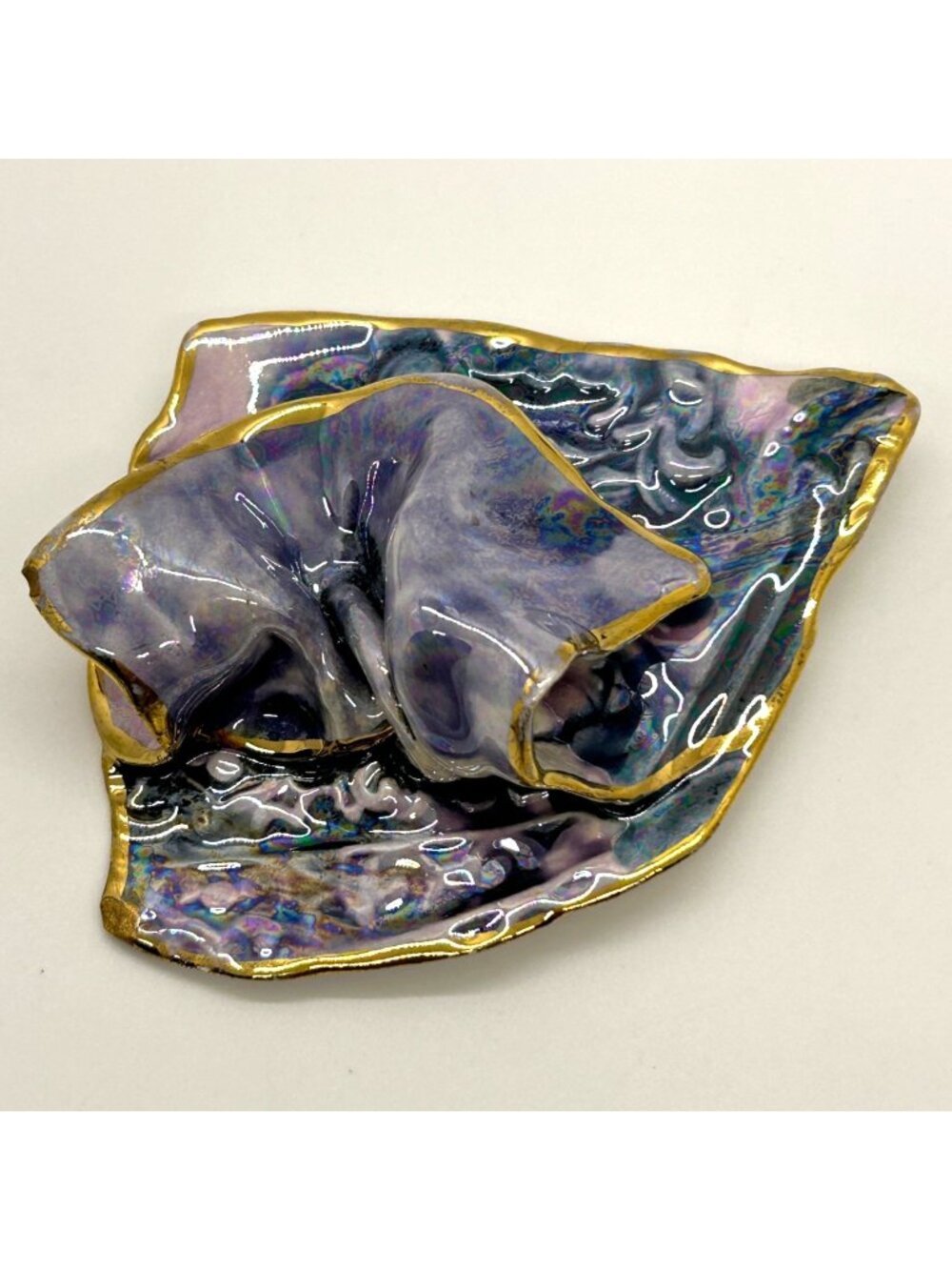 Lavender Purple Ceramic Brooch Gold Rim Iridescent Folded Clay Handmade Pin READ